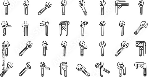 Collection of Wrench Icons - Adjustable, Pipe, and Monkey Wrenches, Wrenches Set