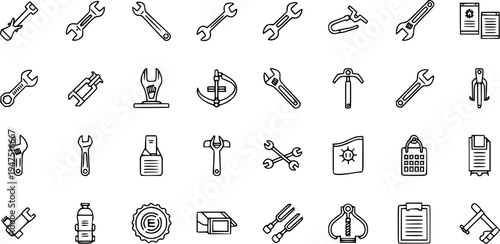 Outline Vector Icon Set: Wrenches, Hand Tools, Industrial Equipment, Repair, and Maintenance Collection