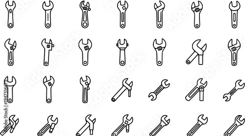 Wrench tools vector outline icons set. Editable stroke collection of various mechanic, construction, and repair spanner symbols.