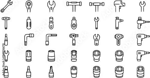 Outline Icons Set of Mechanic and Workshop Tools: Wrenches, Ratchets, Sockets, Extensions, and Power Drills in Line Art Style
