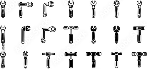Collection of black and white line art icons featuring various wrenches and T-handle tools, including open-end, ratchet, L-shaped, and socket drivers, for mechanical work.