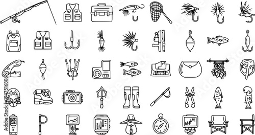 Vector Icons Set of Fishing Gear and Equipment, Sports and Outdoors