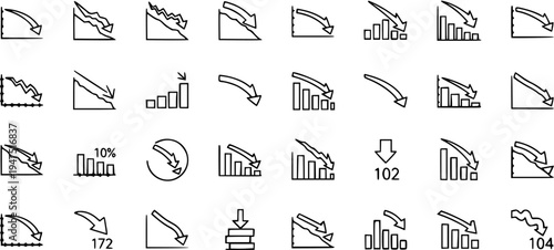 Collection of Downward Trend and Decline Icons: Graphs, Arrows, and Charts