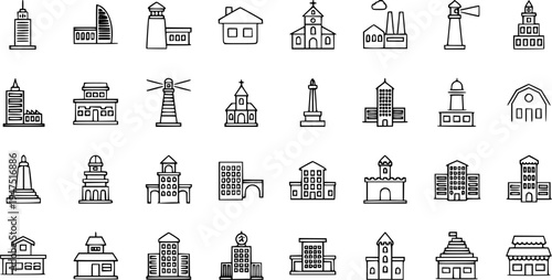 Collection of Line Icons Representing Various Buildings and Structures