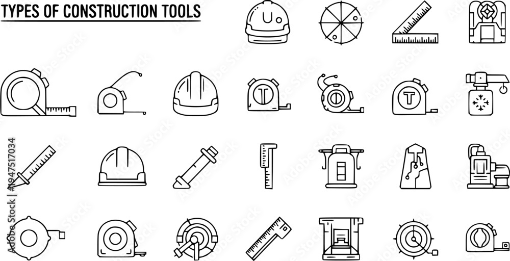 Fototapeta premium Icon Set: Diverse Construction Tools and Measuring Instruments for Building and Industry