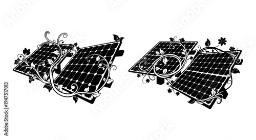 Two schematic diagrams of solar panel installation setups on rooftops Vector, illustration