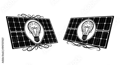 Two vintage-style solar panels with integrated light bulb symbols representing renewable energy solutions Vector, illustration