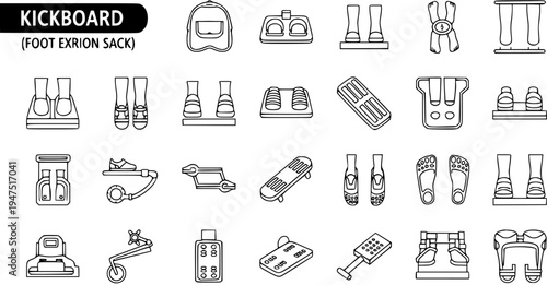 Kickboard Foot Exerciser Equipment Icons Set - Fitness and Rehabilitation Devices