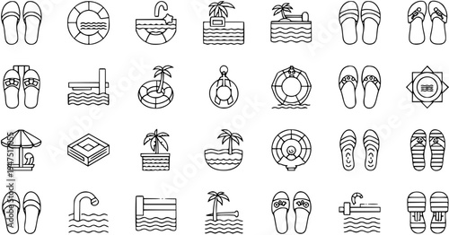 Summer Beach and Swimming Pool Vacation Line Icons Set. Collection of Outline Symbols for Travel, Resort, and Water Activities.