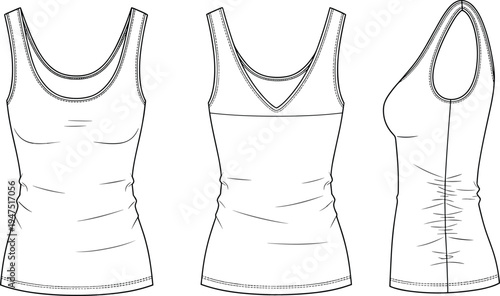 "Technical fashion sketch of sleeveless women’s tank top showing front, back, and side views with scoop neckline, V-neck back, fitted silhouette, apparel design garment construction illustration"