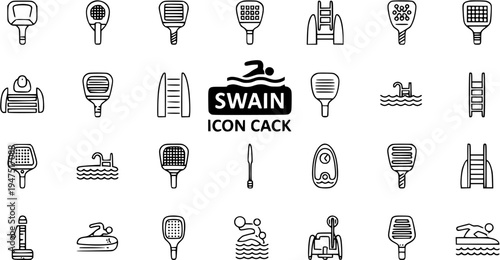 Swimming and Padel Racket Icon Set. Outline Vector Collection of Pool Ladders, Swimmers, Water Sports, Padel, Pickleball, and Beach Tennis Equipment.