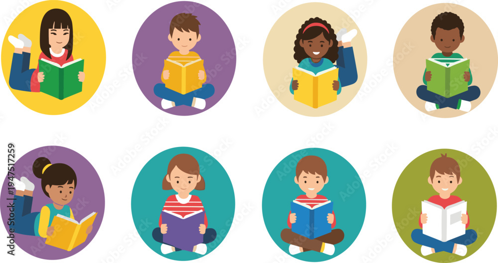 Fototapeta premium Diverse Kids Reading Books Illustration Set with Boys and Girls Engaged in Learning for Educational, Children’s Content, and Digital Media