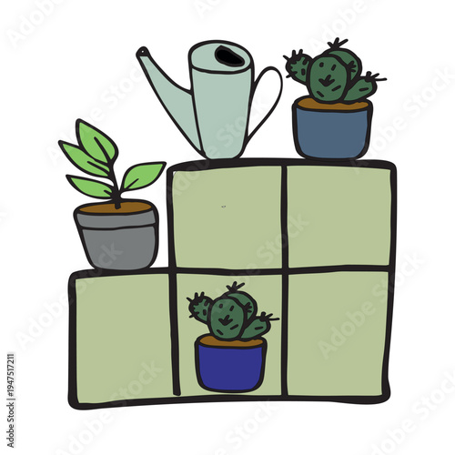 Hand drawn houseplants on shelf, watering can and cactus, cozy home interior vector illustration