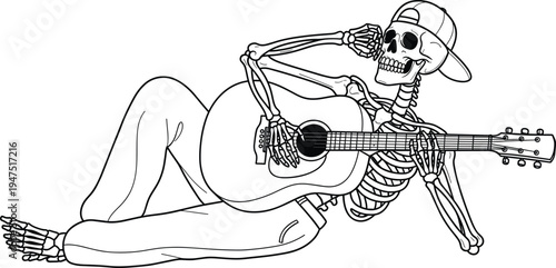 Skeleton guitar player vector illustration, surreal artwork design, musical undead character, Halloween creepy theme, black and white line drawing, artistic spooky cartoon style