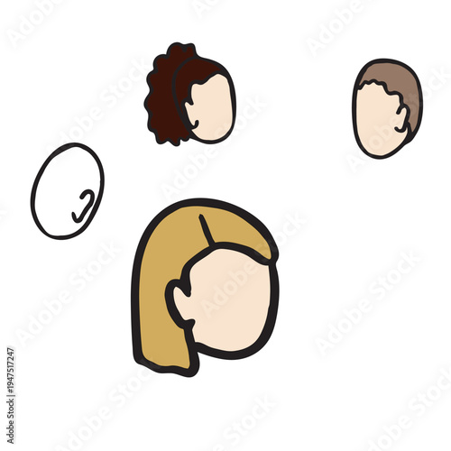 Hand drawn faceless people heads set, male and female characters, simple vector illustration