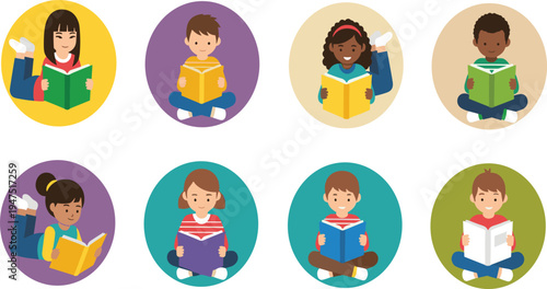 Diverse Kids Reading Books Illustration Set with Boys and Girls Engaged in Learning for Educational, Children’s Content, and Digital Media
