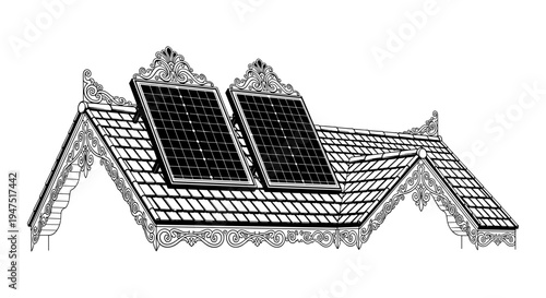 Illustration of a vintage-style house with solar panels on the roof. Vector, illustration