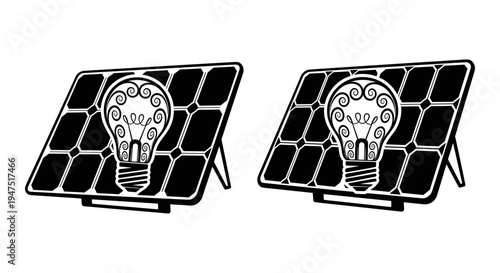 Two solar panels with light bulbs representing energy generation and usage Vector, illustration