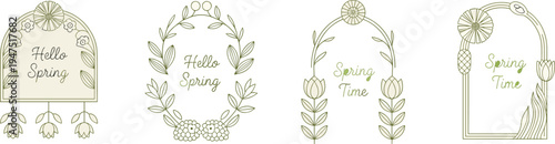 Spring themed decorative frames with floral elements and text Hello Spring Keywords: spring, hello spring, floral, frame, border