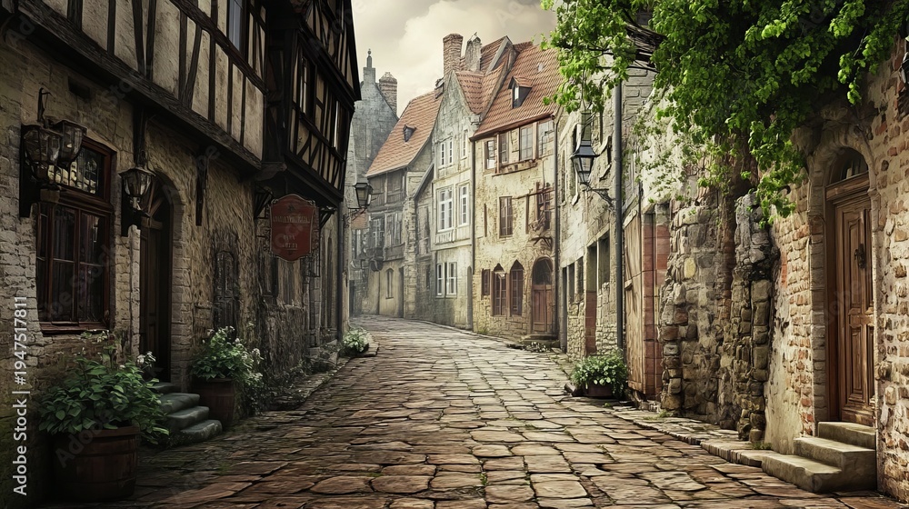 Fototapeta premium Charming old town street alley 3d wall mural home wallpaper
