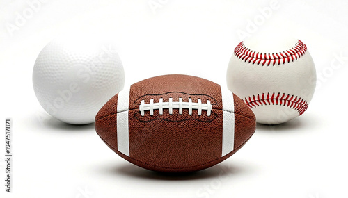 A central brown leather american football positioned in front of two white baseballs on white
