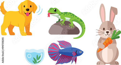 Vector Illustrations of a Happy Dog, Lizard, Fish in Aquarium, and Cute Rabbit with Carrot for Kids