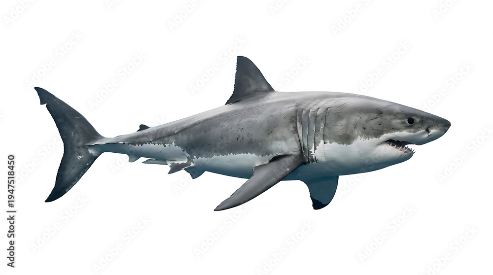 Fototapeta premium Great White Shark swimming on white background, Carcharodon carcharias isolated