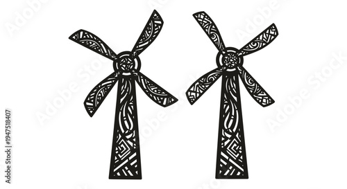 Two traditional windmills with intricate designs against a plain background. Vector, illustration