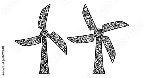Two stylized wind turbines with intricate blade patterns facing opposite directions Vector, illustration