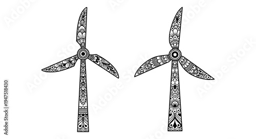 Two stylized wind turbines with intricate geometric patterns on their blades Vector, illustration