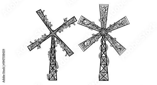 Intricate geometric patterns resembling ancient mechanical windmills or ornate clock designs Vector, illustration