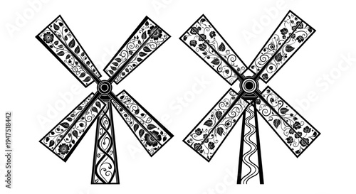 Historic windmills with intricate designs and elaborate patterns on their sails Vector, illustration