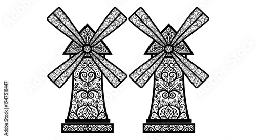 Two traditional windmills with intricate patterns and decorative designs on their sails Vector, illustration