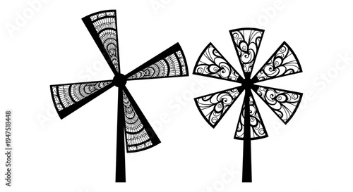 Intricate black and white geometric windmill designs with ornate patterns on blades Vector, illustration