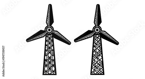 Two stylized black and white wind turbines with intricate lattice designs on blades Vector, illustration