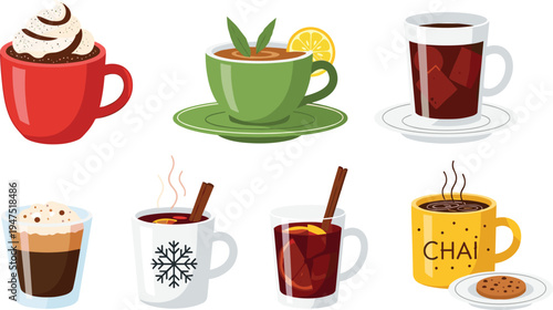 Hot Beverage Collection with Coffee, Tea, Chai, and Cocoa Cups for Winter and Cozy Drink Illustrations