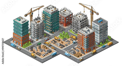 Isometric illustration of a bustling city construction site with many buildings