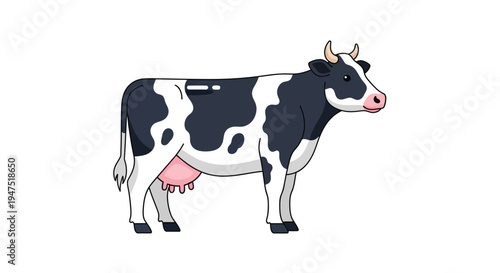A cartoon illustration depicts a black and white spotted dairy cow