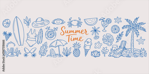 Summer Time Doodle Elements Tropical Beach Vacation Fun Icons Keywords: summer time, beach, vacation, tropical, palm tree