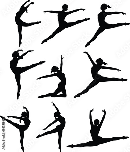 Ballet dancer silhouette icon set, classical dance graphics, elegant movement symbols, artistic performance figures, black vector, white background