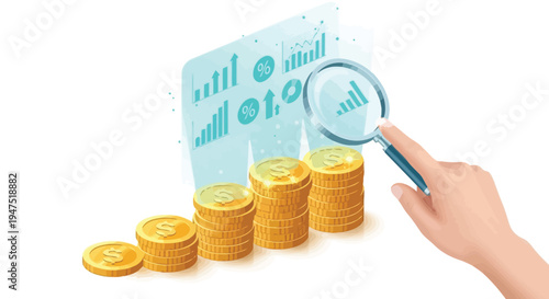 Financial analysis concept with growing stacks of gold coins and a magnifying glass