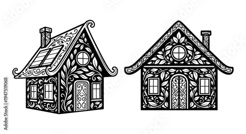 Detailed black and white illustration of two traditional timber-framed houses with intricate designs Vector, illustration