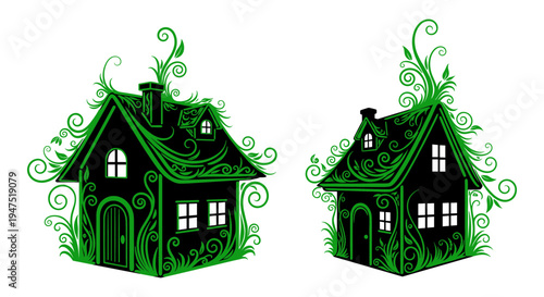 Whimsical green ivy-covered cottages with charming windows and decorative vines Vector, illustration