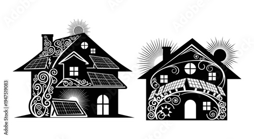 Intricate black and white lace-patterned illustrations of two charming houses with floral designs. Vector, illustration