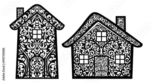 Intricate black and white patterned houses with ornate window designs Vector, illustration