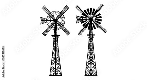Two vintage windmills standing side by side against a plain background Vector, illustration
