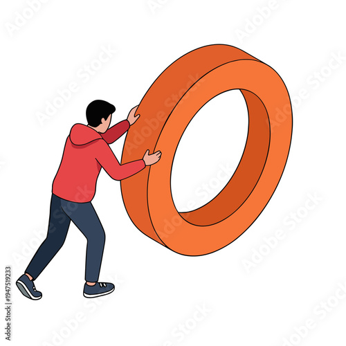 Man struggles to push large orange tire uphill on a rural road