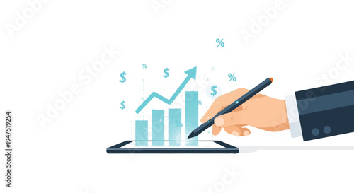 Financial growth concept with a hand interacting with a tablet display