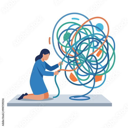 A woman untangles colorful wires on the floor with care and precision.