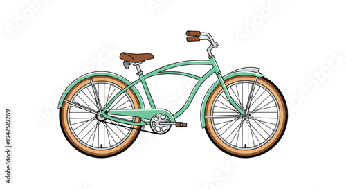 A colorful illustration of a vintage beach cruiser bicycle with brown accents